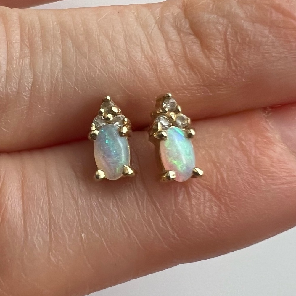 14k solid yellow gold Opal diamond earrings studs